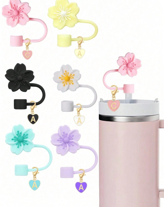 2pcs/1set Heart & Letter Pomegranate Flower Straw Topper, Pink Cup Letter Marker, And Silicone Pomegranate Flower Reusable Straw Cap For 10mm Wide Straw, Cute Letter Decorations, Suitable For Modern Minimalist Glass Cups Eversky Store