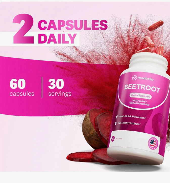 Rosabella Organic Beet Root Capsules - 1300mg Beet Root Powder Aids Healthy Circulation & Vitality, Non-GMO, Beet Root Supplement - 60 Capsules, 30-Day Supply Eversky Store