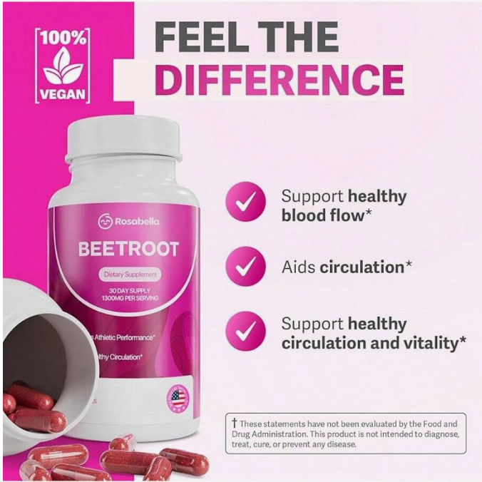 Rosabella Organic Beet Root Capsules - 1300mg Beet Root Powder Aids Healthy Circulation & Vitality, Non-GMO, Beet Root Supplement - 60 Capsules, 30-Day Supply Eversky Store
