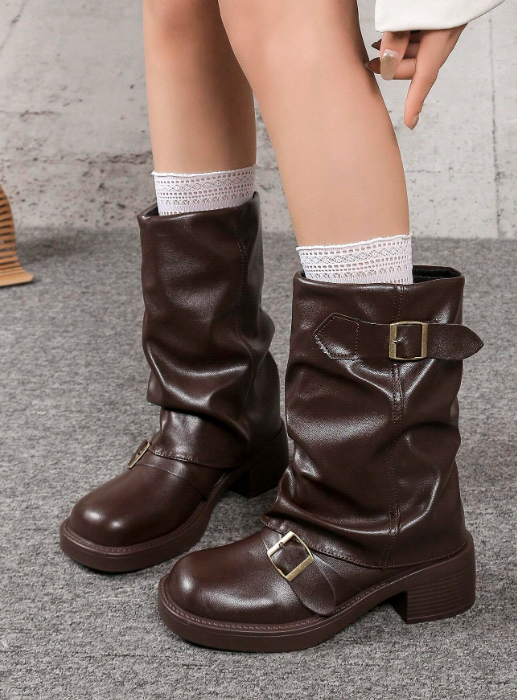 Style With Tops,Women's Black Fashion Ankle Boots, New Design With Buckle, European And American Niche Market, Chunky Heel Thick Sole, Lightweight, Western-Style Wrinkle Boots For Fall/Winter, Retro Motorcycle Boots, Brown Color, Slim Fit Eversky Store