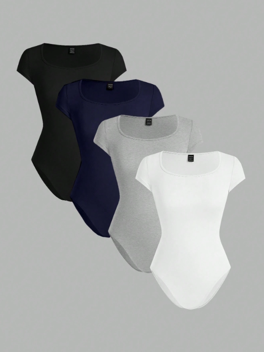 SHEIN EZwear 4pcs Women's Crew Neck Short Sleeve Bodysuit, Multicolor, Suitable For Summer Eversky Store