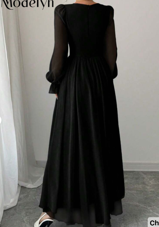 Modelyn Elegant Solid Color Sweetheart Neck Lace-Up Long Sleeve Waist Cinched Dress, French Chic Eversky Store