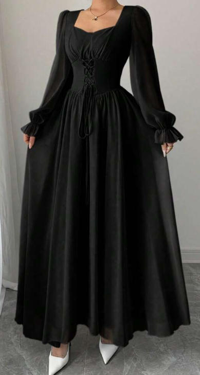 Modelyn Elegant Solid Color Sweetheart Neck Lace-Up Long Sleeve Waist Cinched Dress, French Chic Eversky Store