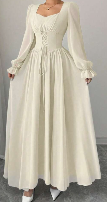 Modelyn Elegant Solid Color Sweetheart Neck Lace-Up Long Sleeve Waist Cinched Dress, French Chic Eversky Store