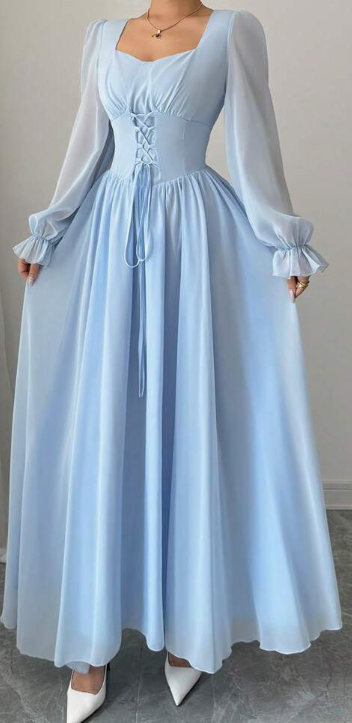 Modelyn Elegant Solid Color Sweetheart Neck Lace-Up Long Sleeve Waist Cinched Dress, French Chic Eversky Store