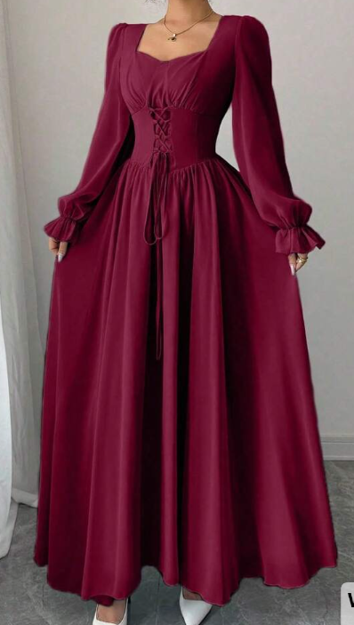 Modelyn Elegant Solid Color Sweetheart Neck Lace-Up Long Sleeve Waist Cinched Dress, French Chic Eversky Store