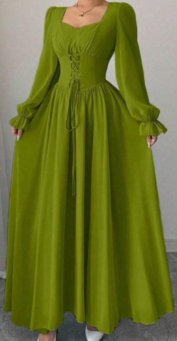 Modelyn Elegant Solid Color Sweetheart Neck Lace-Up Long Sleeve Waist Cinched Dress, French Chic Eversky Store