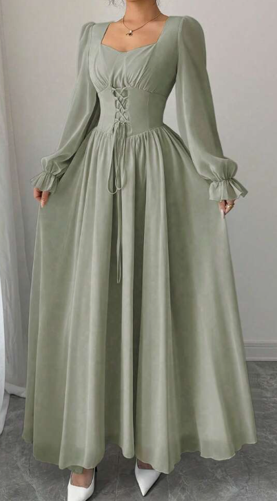 Modelyn Elegant Solid Color Sweetheart Neck Lace-Up Long Sleeve Waist Cinched Dress, French Chic Eversky Store