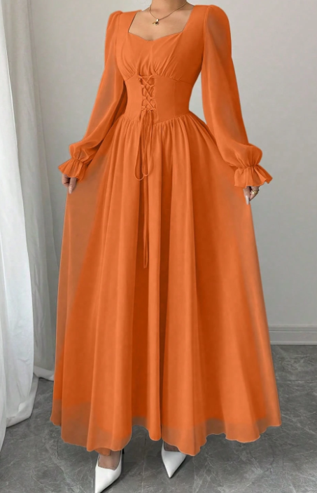 Modelyn Elegant Solid Color Sweetheart Neck Lace-Up Long Sleeve Waist Cinched Dress, French Chic Eversky Store