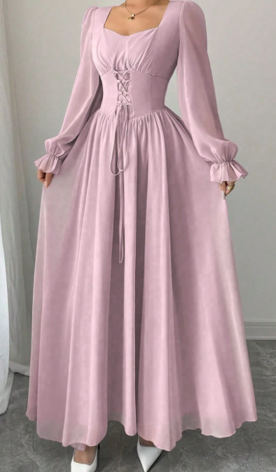 Modelyn Elegant Solid Color Sweetheart Neck Lace-Up Long Sleeve Waist Cinched Dress, French Chic Eversky Store
