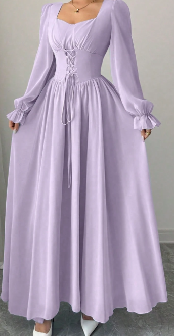 Modelyn Elegant Solid Color Sweetheart Neck Lace-Up Long Sleeve Waist Cinched Dress, French Chic Eversky Store