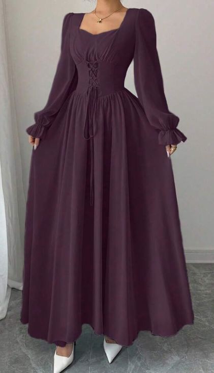 Modelyn Elegant Solid Color Sweetheart Neck Lace-Up Long Sleeve Waist Cinched Dress, French Chic Eversky Store