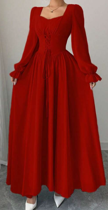 Modelyn Elegant Solid Color Sweetheart Neck Lace-Up Long Sleeve Waist Cinched Dress, French Chic Eversky Store