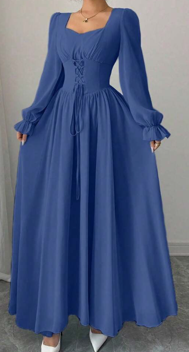 Modelyn Elegant Solid Color Sweetheart Neck Lace-Up Long Sleeve Waist Cinched Dress, French Chic Eversky Store