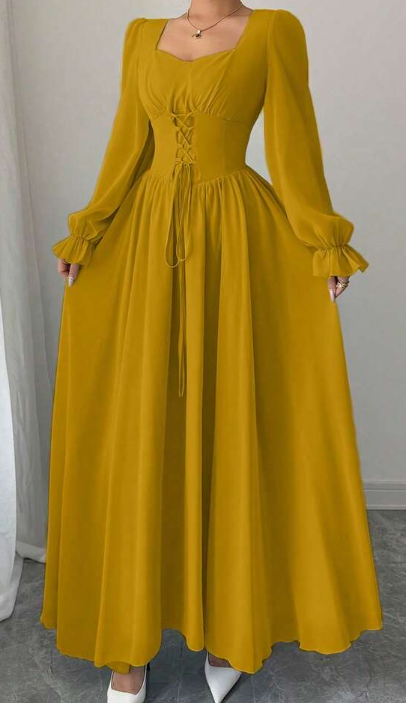 Modelyn Elegant Solid Color Sweetheart Neck Lace-Up Long Sleeve Waist Cinched Dress, French Chic Eversky Store