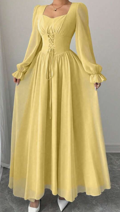 Modelyn Elegant Solid Color Sweetheart Neck Lace-Up Long Sleeve Waist Cinched Dress, French Chic Eversky Store