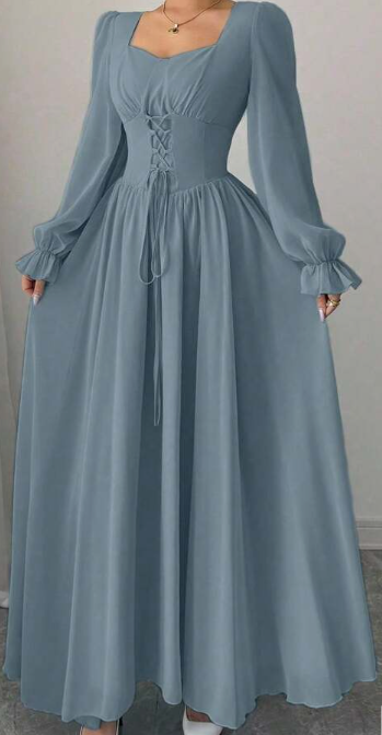 Modelyn Elegant Solid Color Sweetheart Neck Lace-Up Long Sleeve Waist Cinched Dress, French Chic Eversky Store